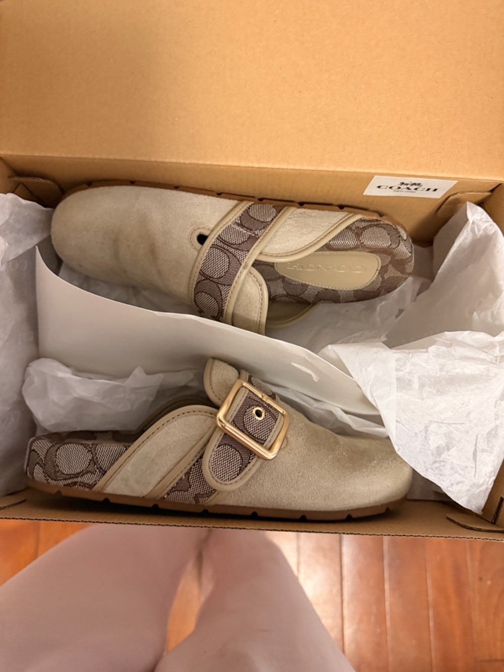 Coach Beige Suede Mules with Signature Monogram Trim and Gold Buckles - Picture 2 of 6